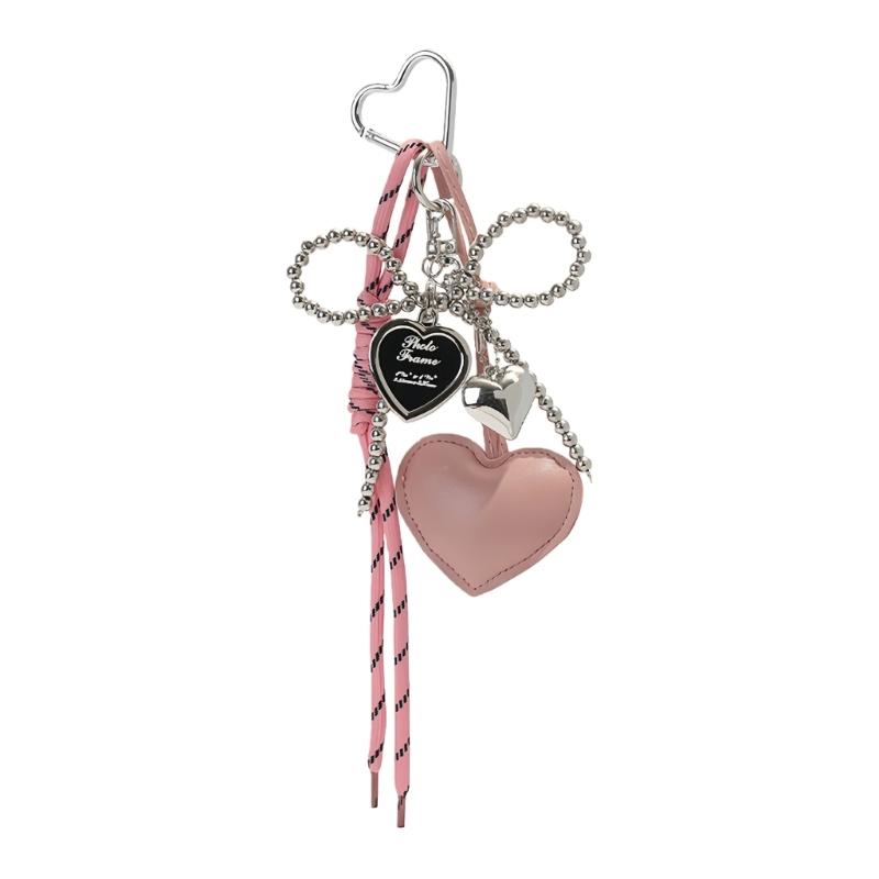 Gothic Silver Bead Bows Charm Heart Shaped Bag Accessory Fashion Bag Pendant Casual Keychain For Dark Style Lover