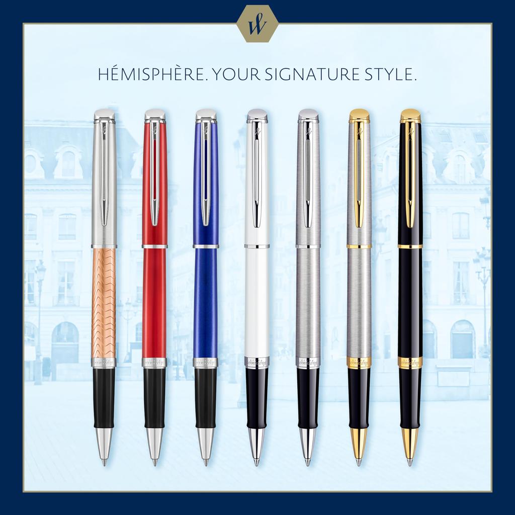 Waterman Hemisphere Gift Box Includes Fine Nib Gold Trim Roller Ball Pen - Stainless Steel/Black - Refill Roller Ball Pen (Parallel Import)