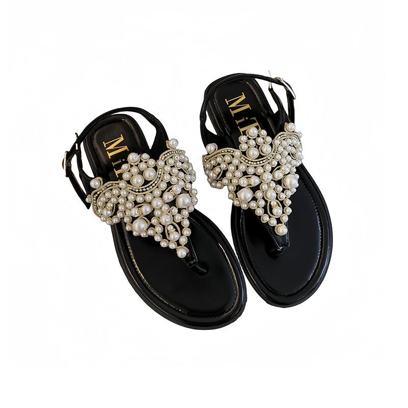 Fashion Beige Heeled Sandals Clear Shoes Slip-on Loafers Summer Women's Flip Flops Platform Soft Black Pearl Outside Elastic Band Girls