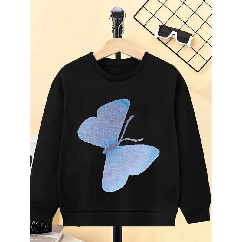 European sizes Kids' Crewneck Sweatshirt - Blue Butterfly Pattern On Textile , Sportswear And Casual Wear, Soft And Comfortable, Children's Clothing