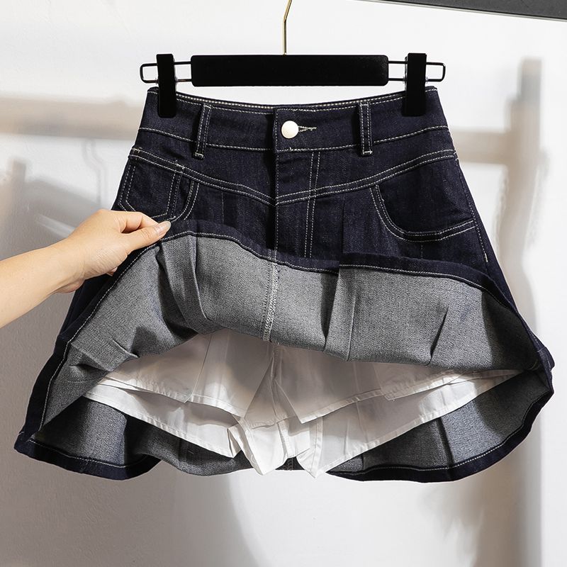 College Sweet Plus Size Denim Skirt A- Line High Waist Pleated Slim-Fit Cover Fashion Tape Lining Skirt M-4XL