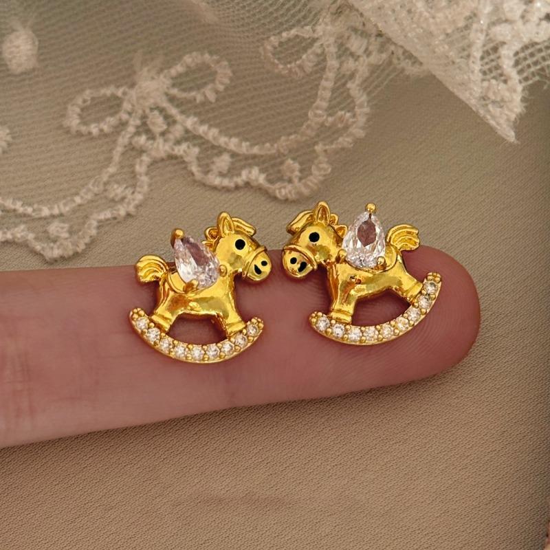 Real gold electroplated silver needle zircon pony stud earrings new Chinese niche natal year earrings light luxury high-end earrings women