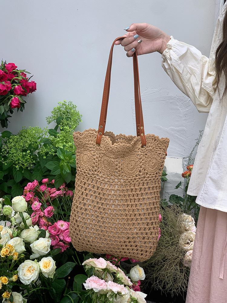 

Дорожная сумка-тоут большой вместимости для отдыха и отпуска на море, универсальная плетеная ажурная сумка на плечо в зарубежном стиле, сумка-тоут, большая сумка коричневый