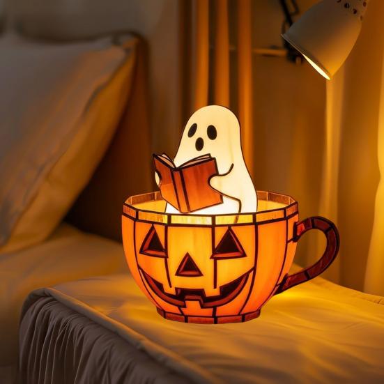 Ghost Reading Book Lamp Cute LED Ghost Reading in Pumpkin Cup Halloween Night Light for Bedroom Tabletop Decor