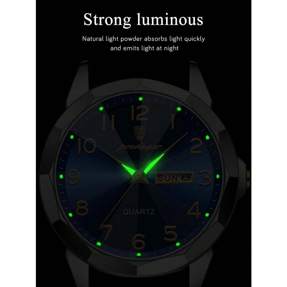 POEDAGAR 1pc Business Men's Stainless Steel Quartz Waterproof Luminous Watches, Dual Calendar Display, Men Gift