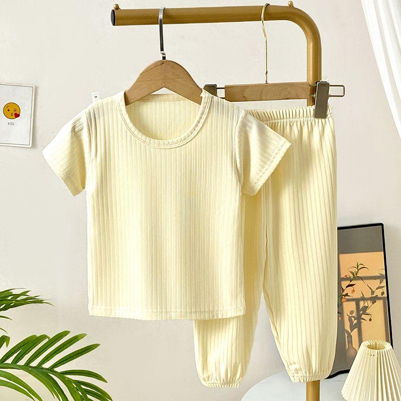 Summer Children's Ice Silk Short Sleeved Set Boys' Thin Home Clothes Baby's Solid Color Leggings, Pajamas