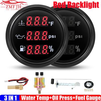 Digital 3 IN 1 Multi Meter Red LED 52mm Water Temperature Gauge+Oil Pressure+Fuel Level Gauge with Sensor 240-33ohm Boat
