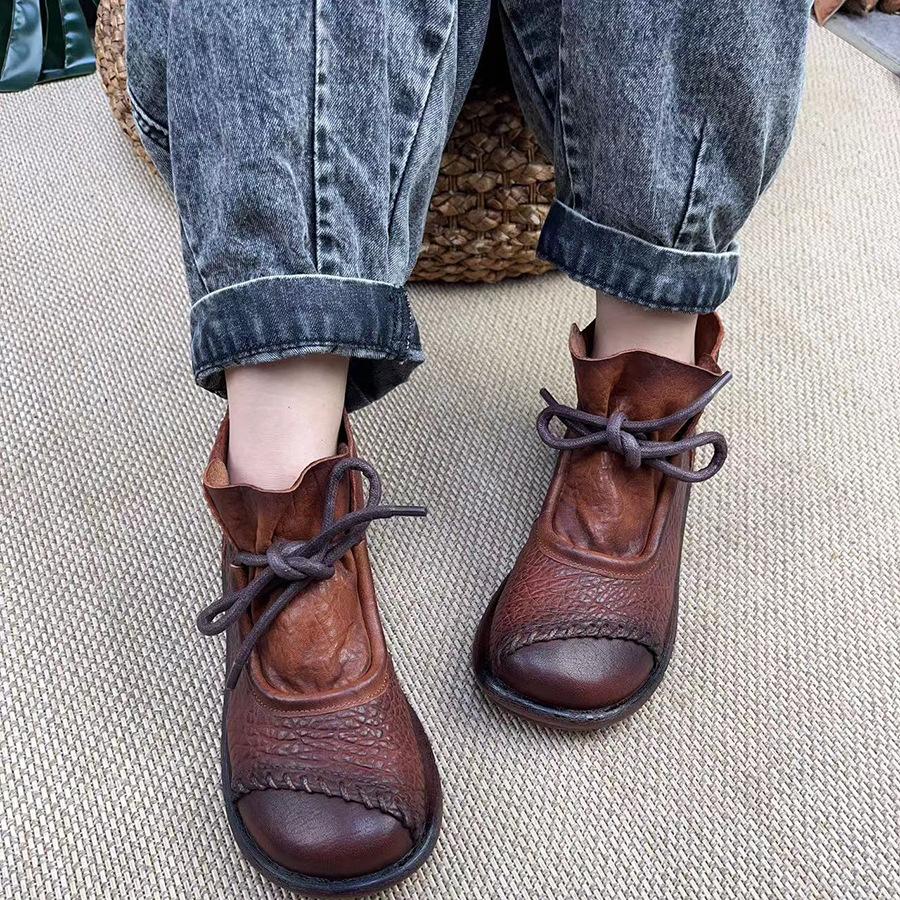 

Johnature/женские полусапоги на плоской подошве в стиле ретро, ​​обувь из натуральной кожи, ботильоны ручной работы с круглым носком на шнуровке