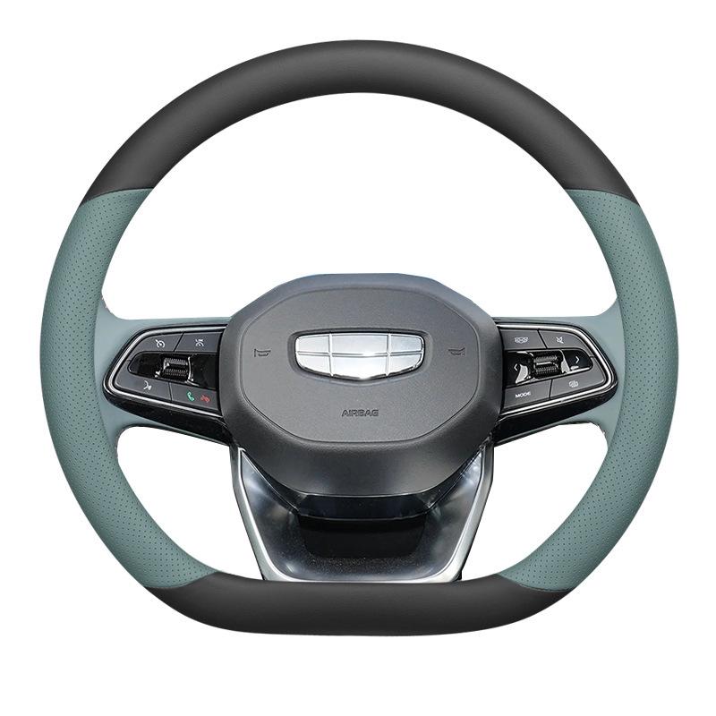 Genuine Leather Steering Wheel Cover for 24 Geely Models: Haoyue L, Xingyue L, Zhiqing, Xingrui, Binrui, Binyue - Green