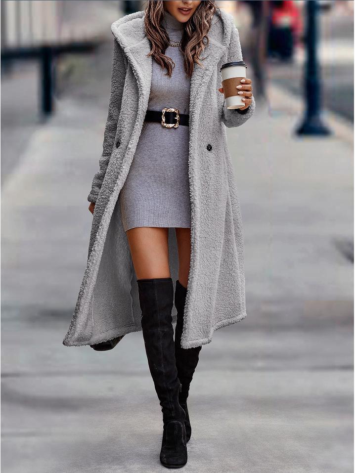 Women's Solid Color Plush Hooded Jacket - Autumn/Winter Long-Sleeve Windbreaker Coat