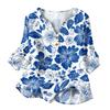 Women’s Casual Floral Print Henley Neck 3/4 Sleeve Cotton Linen Shirt with Button Front Loose Fit Blouse for Spring Summer Wear
