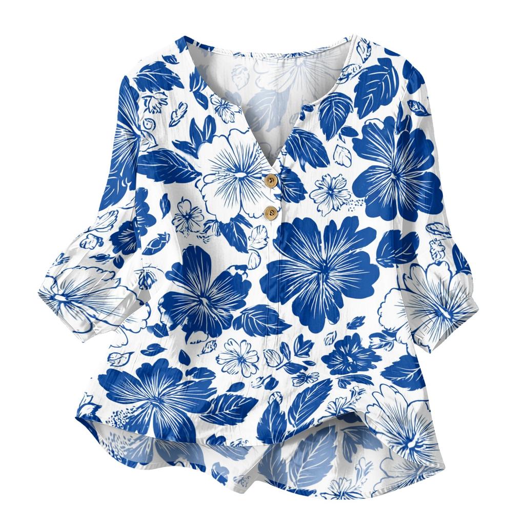 Women’s Casual Floral Print Henley Neck 3/4 Sleeve Cotton Linen Shirt with Button Front Loose Fit Blouse for Spring Summer Wear