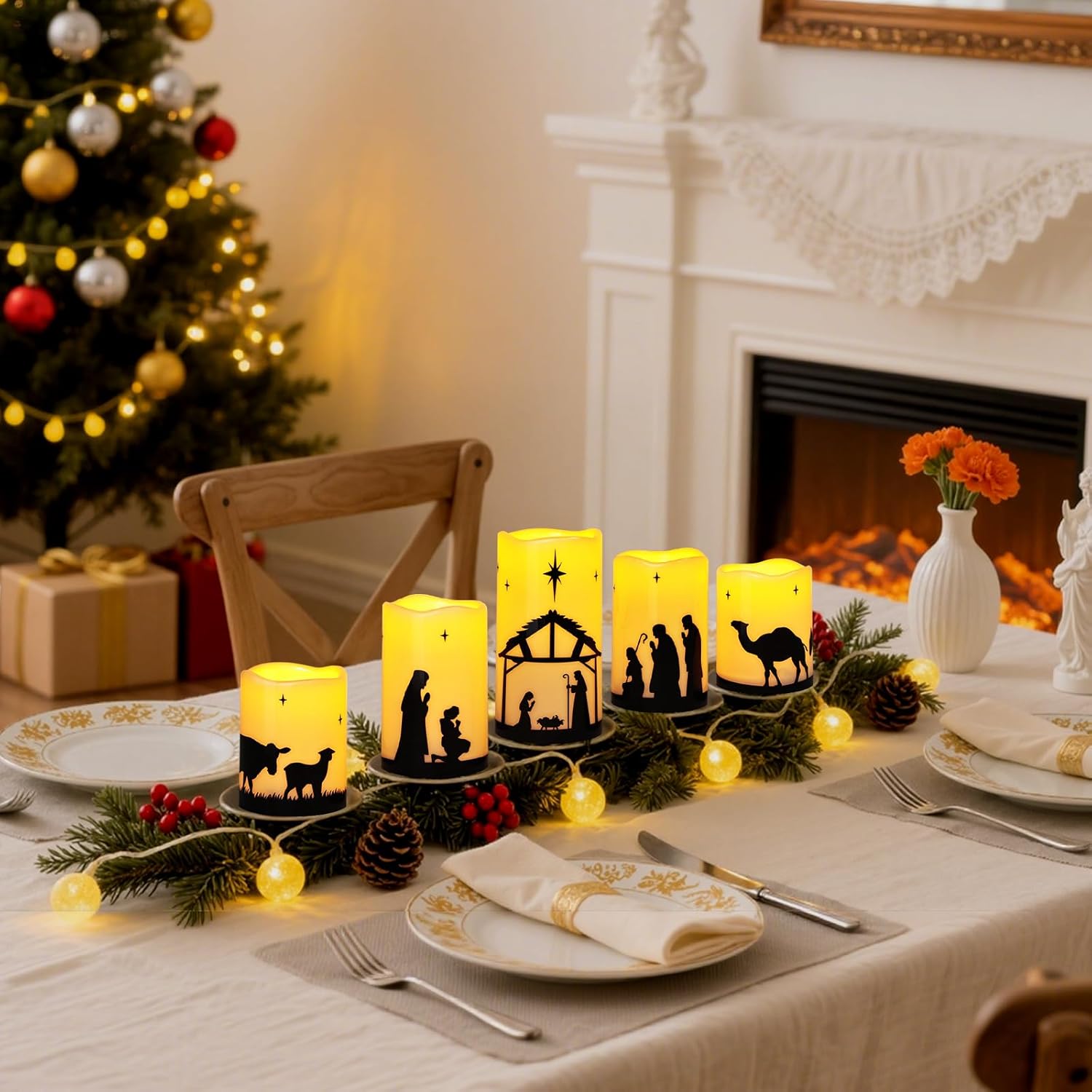 Christmas Decorations Indoor Outdoor - Nativity Set, Nativity Scene Candles with Remote Timer, Holiday Home Table Mantel Decor Centerpieces,