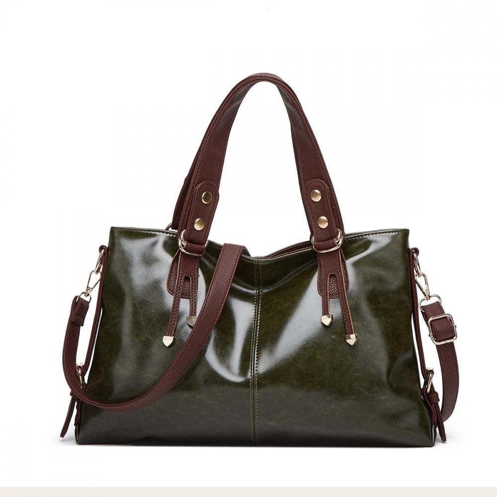 Retro Minimalist Atmosphere Large-Capacity Wide Shoulder Strap Solid Color Tote Bag Ladies' Fashion Multi-Layered Wax Oil Leather