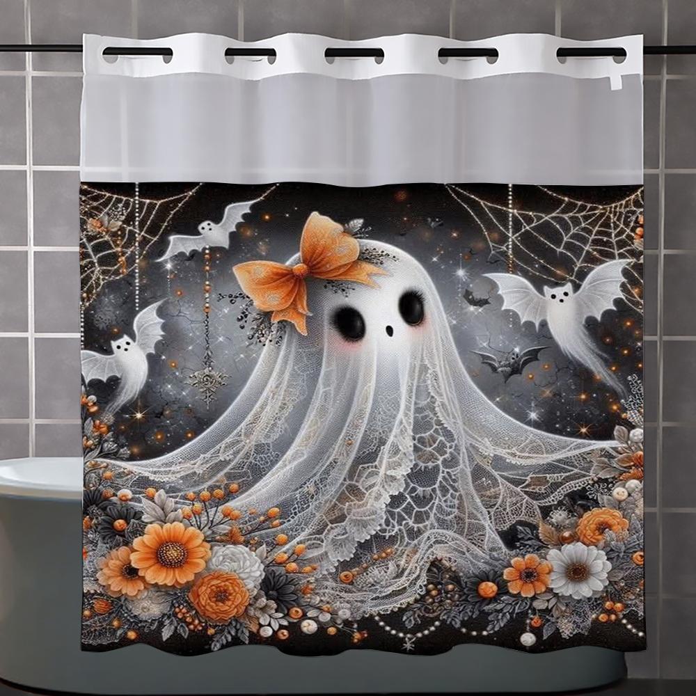 

No Hook Halloween Pattern Shower Curtain With Snap-In Fabric Liner, Sheer Top Window, Waterproof Double Layer Bathtub Curtain W60H190(CM)-1 Pcs