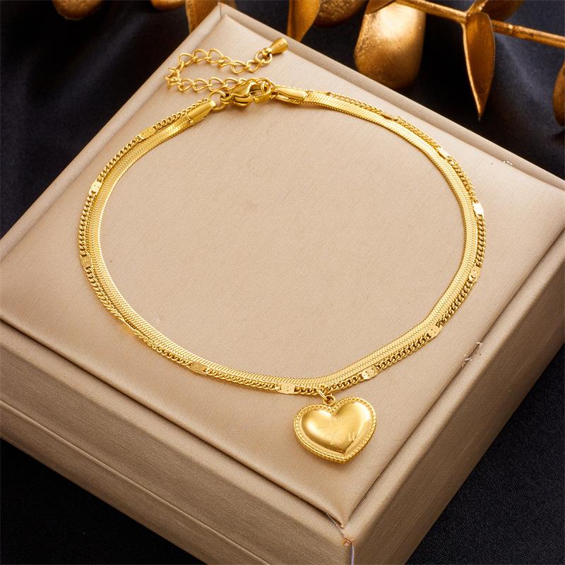 Gold Tone Double Layer Herringbone Chain Love Heart Charm Anklet