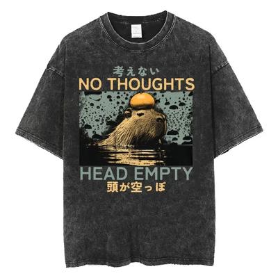 Amare Box No Thoughts Head Empty Japanese T-shirt Capybara Vintage Washed T Shirt Men Women Loose Short Sleeve Tees