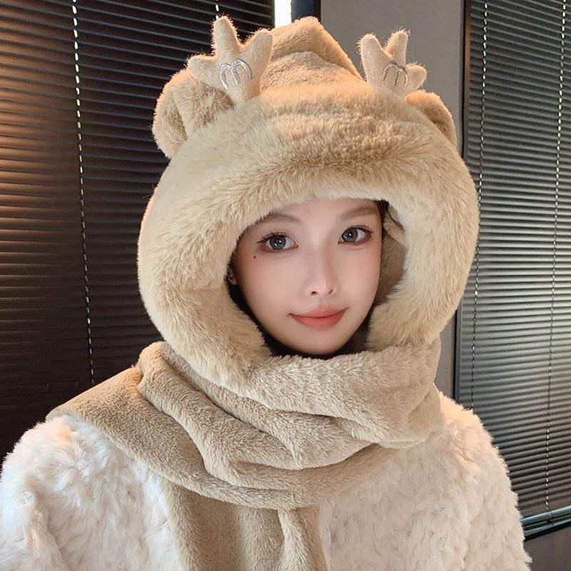 Women's Cute Bear Hooded Scarf Set: Plush Hat, Neck Warmer, and Gloves for Winter