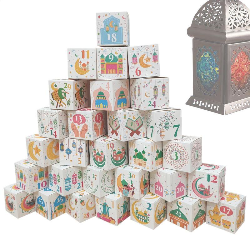 30Pcs Eid Mubarak Candy Gift Box Ramadan Kareem Advent Calendar Decoration Paper Candy Boxes Muslim Islamic Home Party Supplies