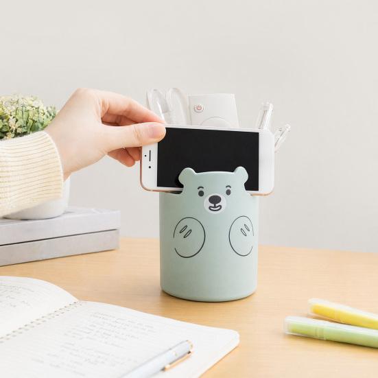 Xiaobudian Cute Bear 2-in-1 Pen Holder & Phone Stand, Macaron Colors Desk Organizer, Large Capacity Storage for Pens Makeup Brushes Scissors