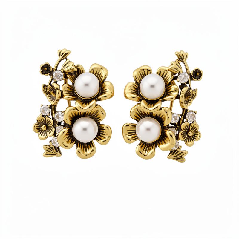 Vintage Rhinestone Pearl Flower Ear Clip Earrings – Elegant, Fashionable Accessories for Women