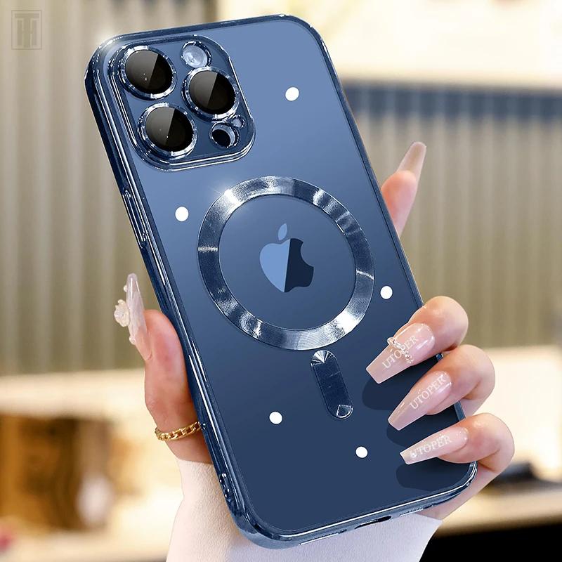 Plating Soft Lens Film Protect Transparent Case For iPhone 16E 16 15 14 13 12 11 Pro Max Plus Magsafe Magnetic Charging Cover