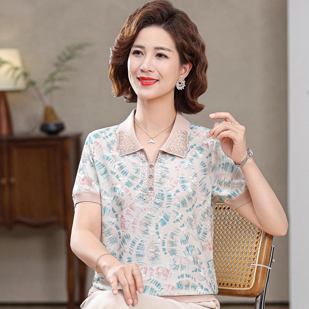 Stylish Women's Ice Silk Printed Top - Short Sleeve, Lapel, Summer Shirt for Middle-Aged and Elderly