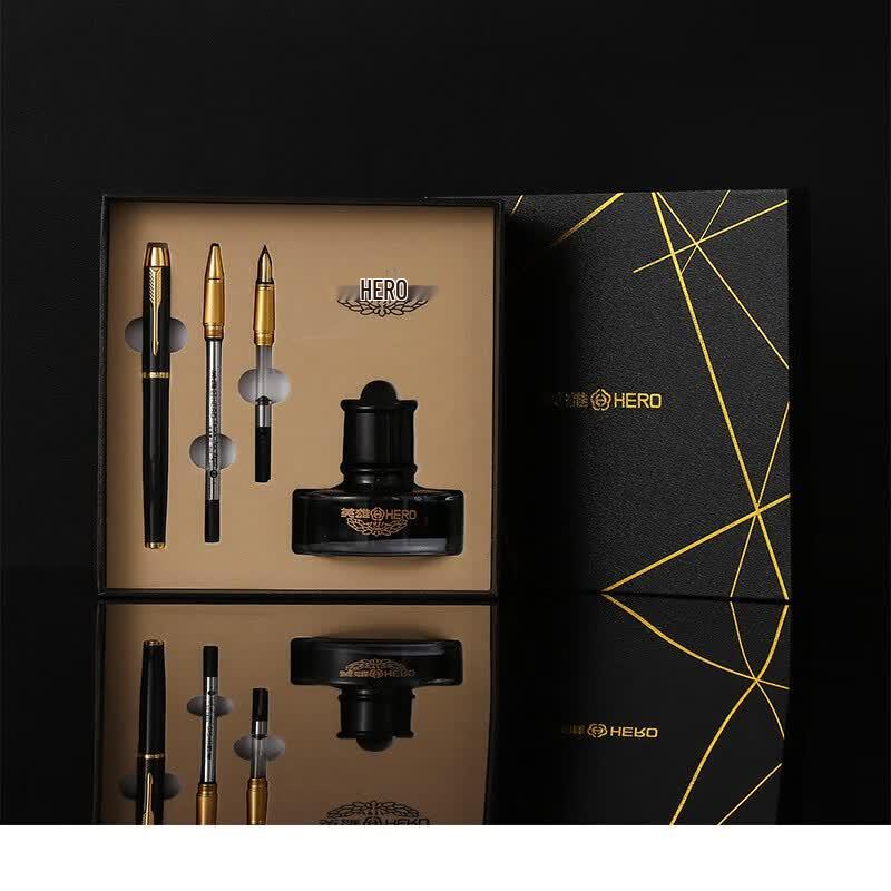 HERO 1802 Fountain Pen Gift Set with 3 Nibs and Ink, Black чёрный