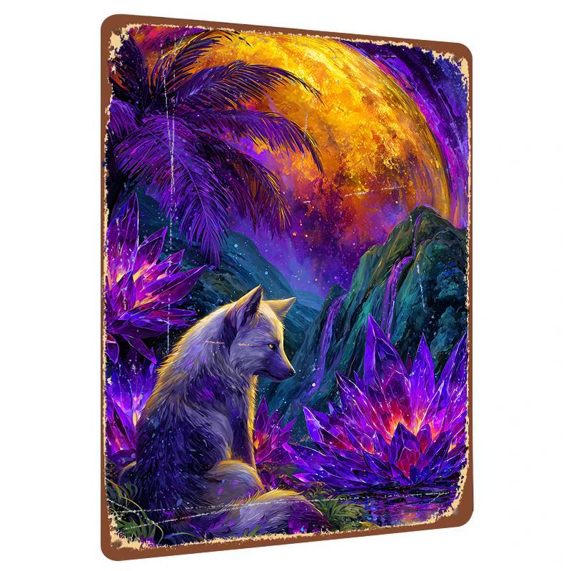 

Mystic White Wolf with Purple Crystals Under Moonlight Scenic Metal Wall Art Decor 20x30cm（7.8x11.8inch）