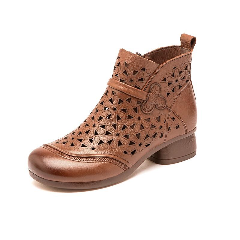 Summer hollow first layer cowhide short boots literary retro thick heel hole shoes beef tendon soft sole mother cool boots women