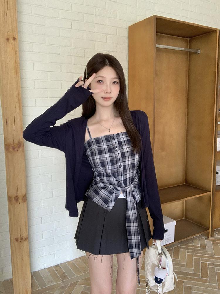

Plus Size Women s Sweet Spicy Plaid Camisole & Cardigan Two-Piece Set L королевский синий