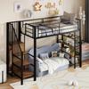 Loft Bed 90*200, with Safety Staircase, Storage Space and Small Wardrobe, Shelves, High Fence Design, Youth Bed, Black (Old SKU for LDB00162AAB)