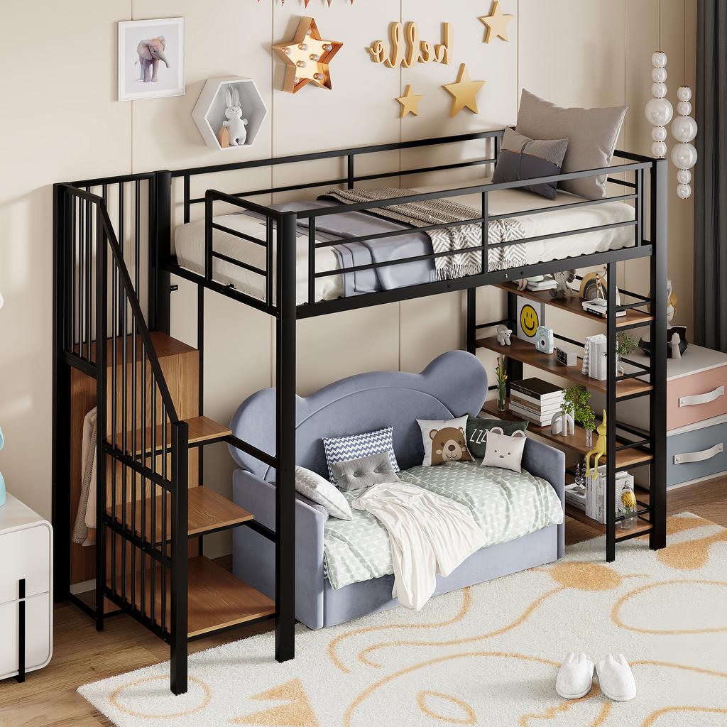 Loft Bed 90*200, with Safety Staircase, Storage Space and Small Wardrobe, Shelves, High Fence Design, Youth Bed, Black (Old SKU for LDB00162AAB)