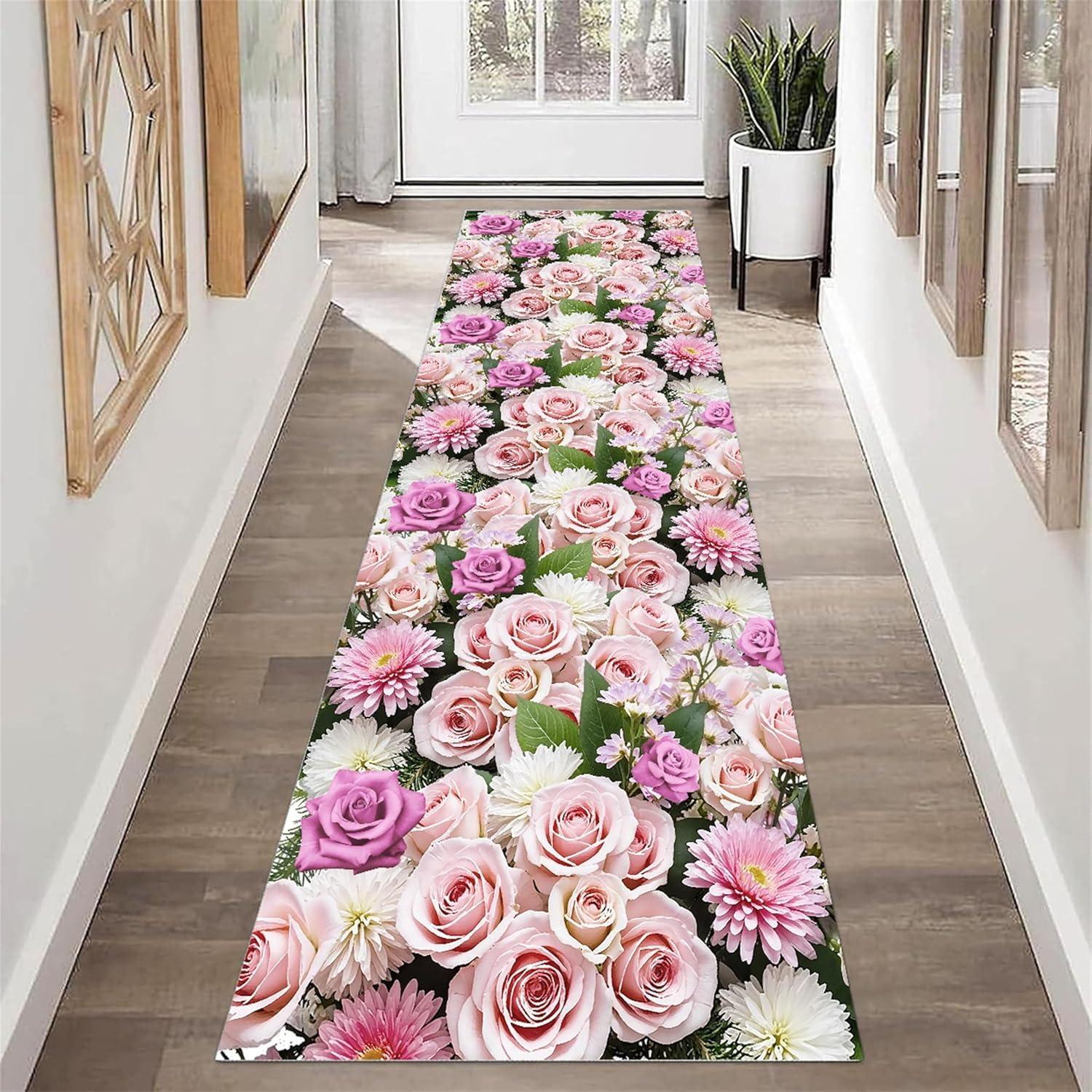 Sweet Romantic Rose Pattern Runner Rug Beautiful Flowers Valentine s Day Decor Carpet Soft Non-Slip Hallway Decor Floormat 40x120cm
