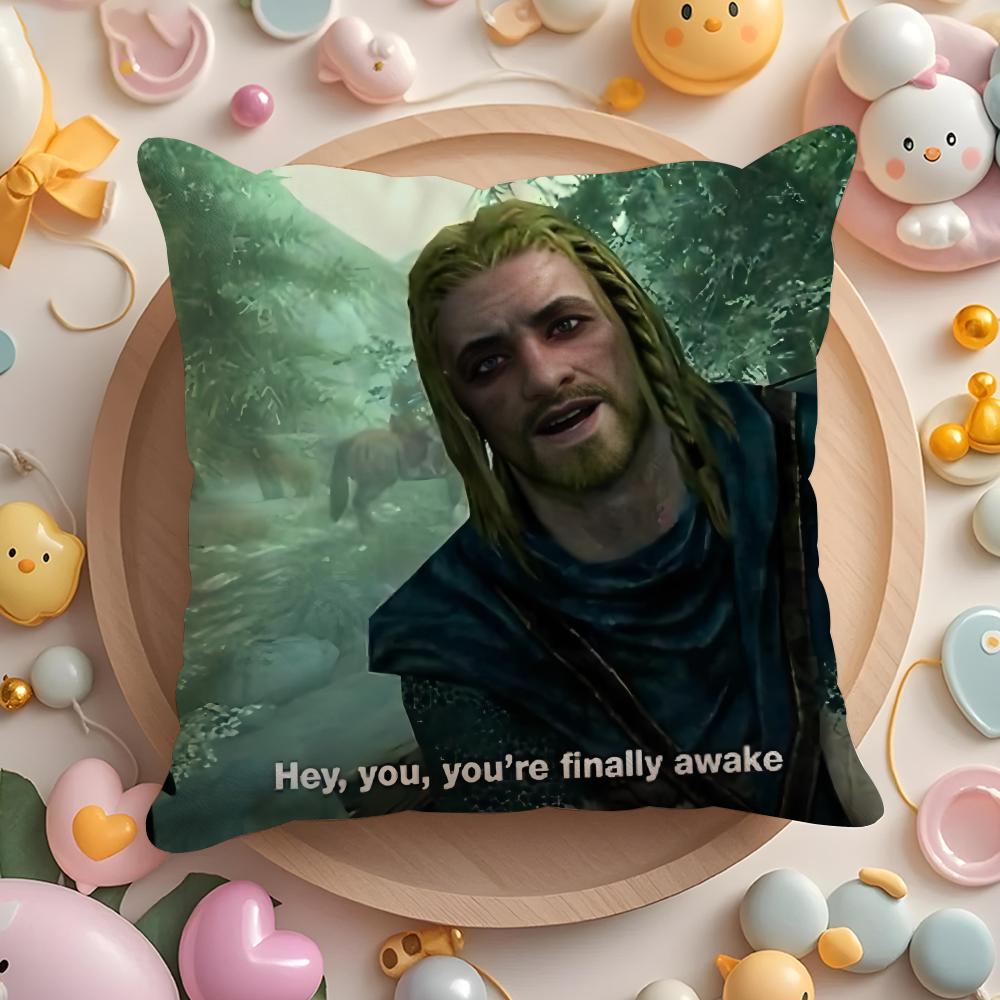 Hey Du Du Bist Endlich Wach SSkyrim Meme Kissenbezug Plüschstoff Weich Zweiseitig Bedruckt Sofa Warmes Zuhause Kissenbezug