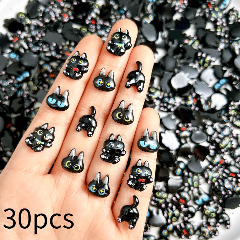 30 randomly mixed cute cartoon luminous resin black cat nail accessories, versatile handmade DIY accessories