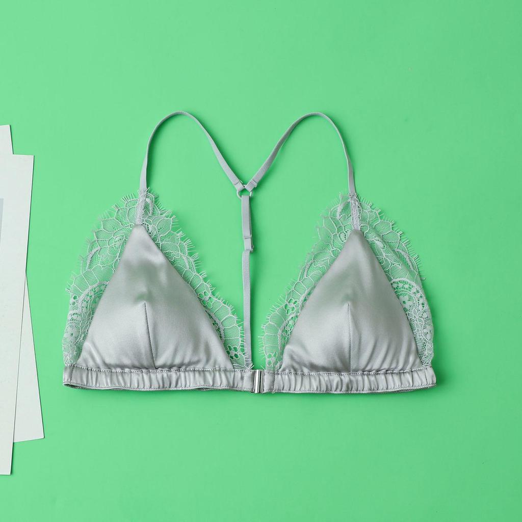 Women's Real Silk Satin Wireless Triangle Bra with Front Buckle and Beautiful Back Design
