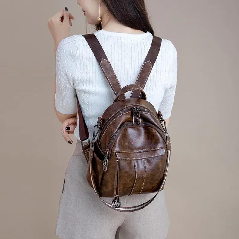Genuine Leather Backpack for Women Casual Daypack Soft Fashion Shoulders Bag Waterproof Retro Mini Rucksack Girls Ladies