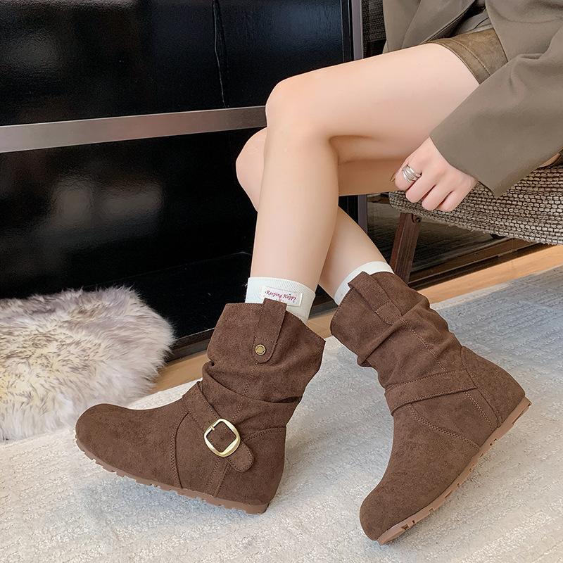 Western Cowboy Boots Martin Boots Women's Shoes Retro Suede Buckle 2025 New Autumn Design Pleated Small Short Boots
