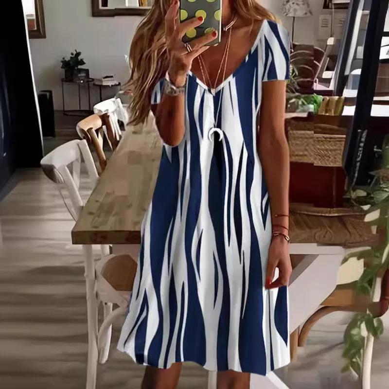 2025 New Casual Print Short Sleeve Dress Women's Fashionable Elegant Style