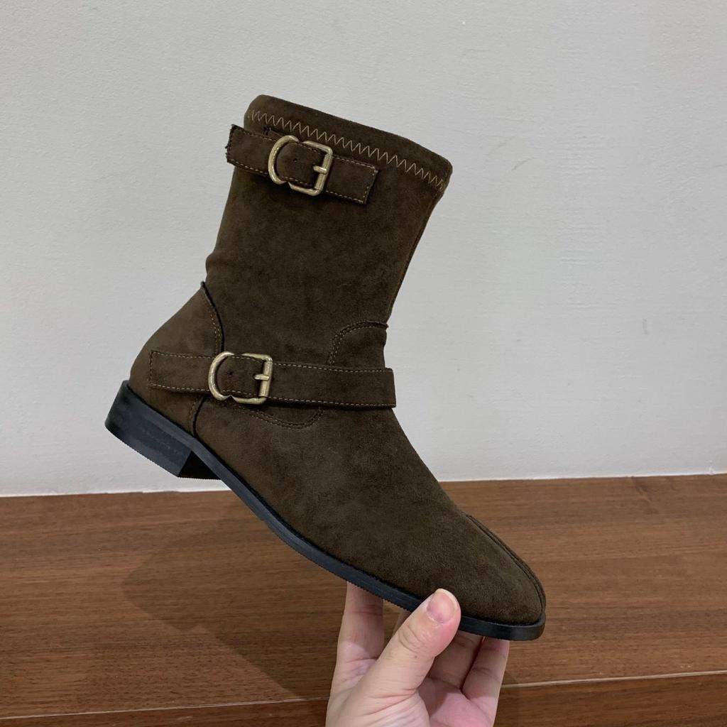 Retro British style belt buckle Martin boots autumn and winter new niche fake split-toed thin short boots