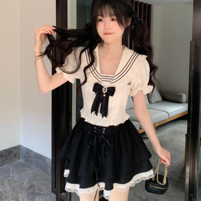 Japanese Kawaii 2 Piece Skirt Set Elegant Vintage College Style Striped Bow Top + Women Sweet Lace High Waisted Skirt Female