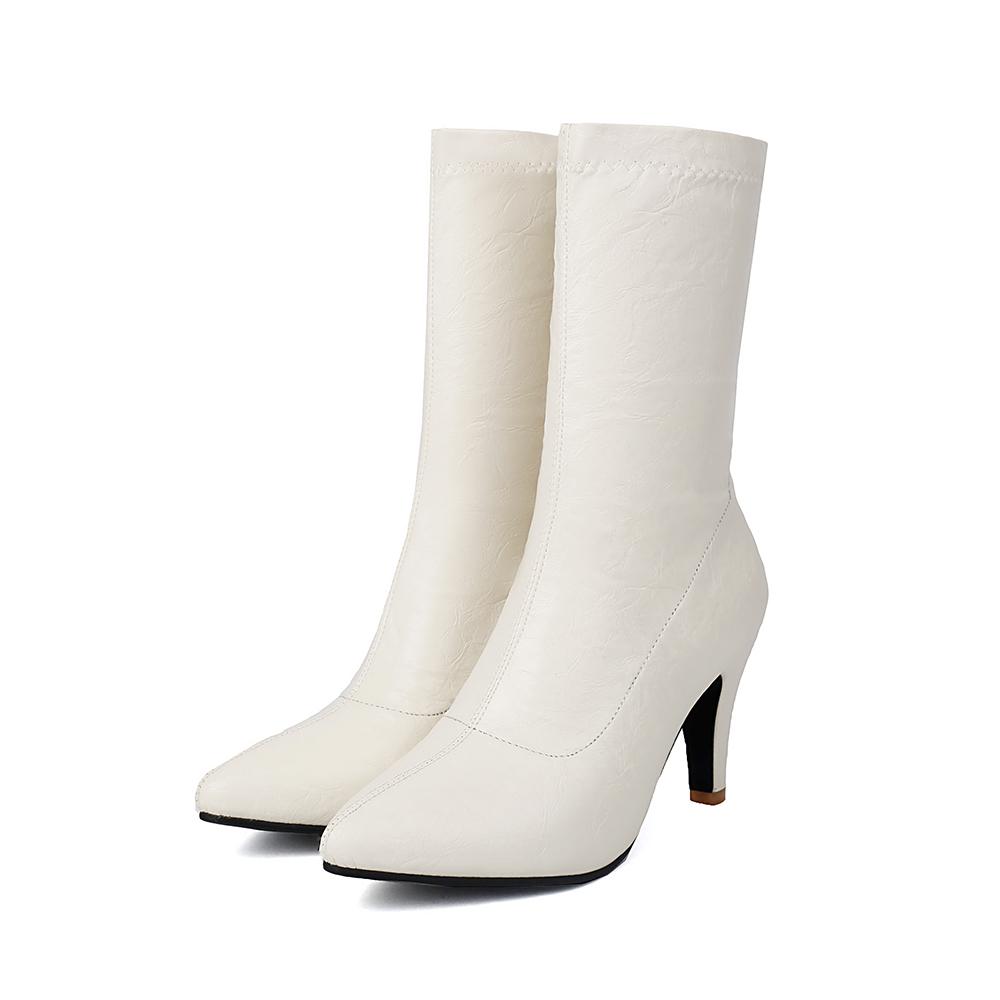 White Red Women Mid Calf Boots Pointed Toe High Spike Heel Small Big Size 33 47
