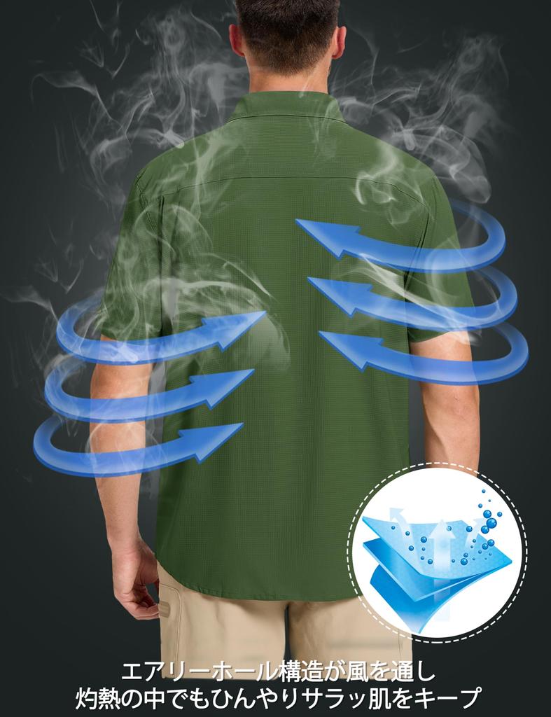 TACVASEN Military Summer Short OD XL Men's Shirt, Workwear, Sleeve, Breathable, Quick-Drying, UPF50+, Pocket, Water-Repellent, Wrinkle-Resistant,