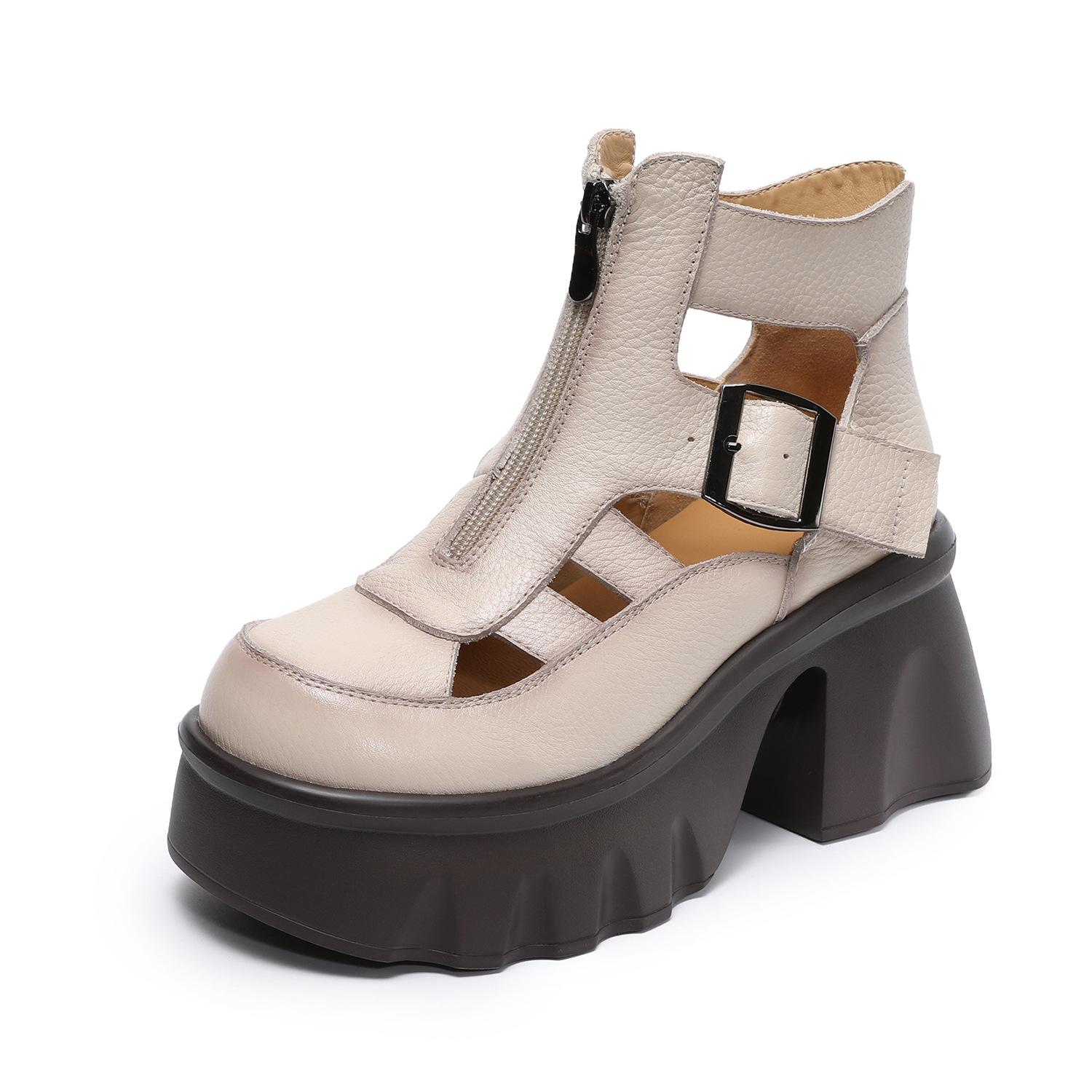 

Johnature Retro Roman Sandals Genuine Leather Chunky Platform Zipper Women s Hollow-out Boots 39 бежевий