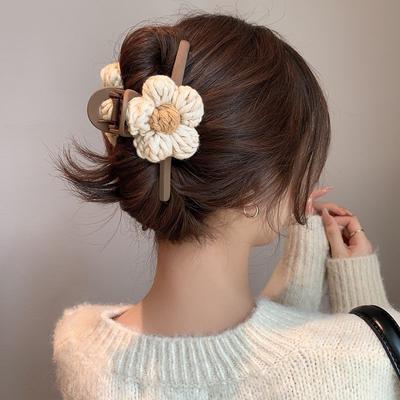 Wollblumen-Haarklammer für Damen, elegant, Retro-Haifisch-Haarspange, Webmuster, Blumen, Pferdeschwanz, Krabbenkralle, Haarschmuck