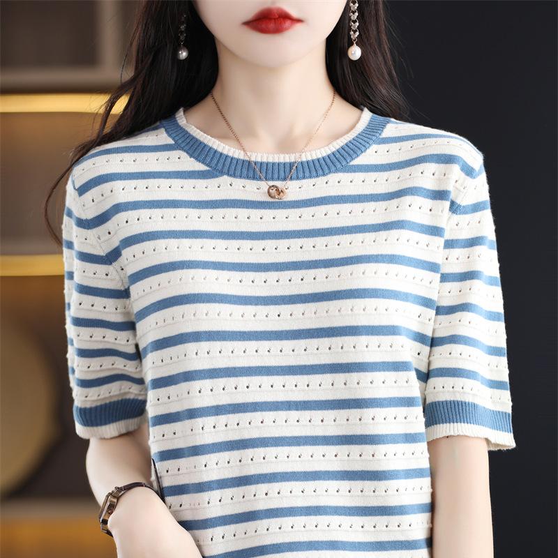 Crew Neck Striped Cotton Short-sleeved Women's Summertime Bottoming Shirt Relaxed Fit Versatile Cotton Thread T-shirt