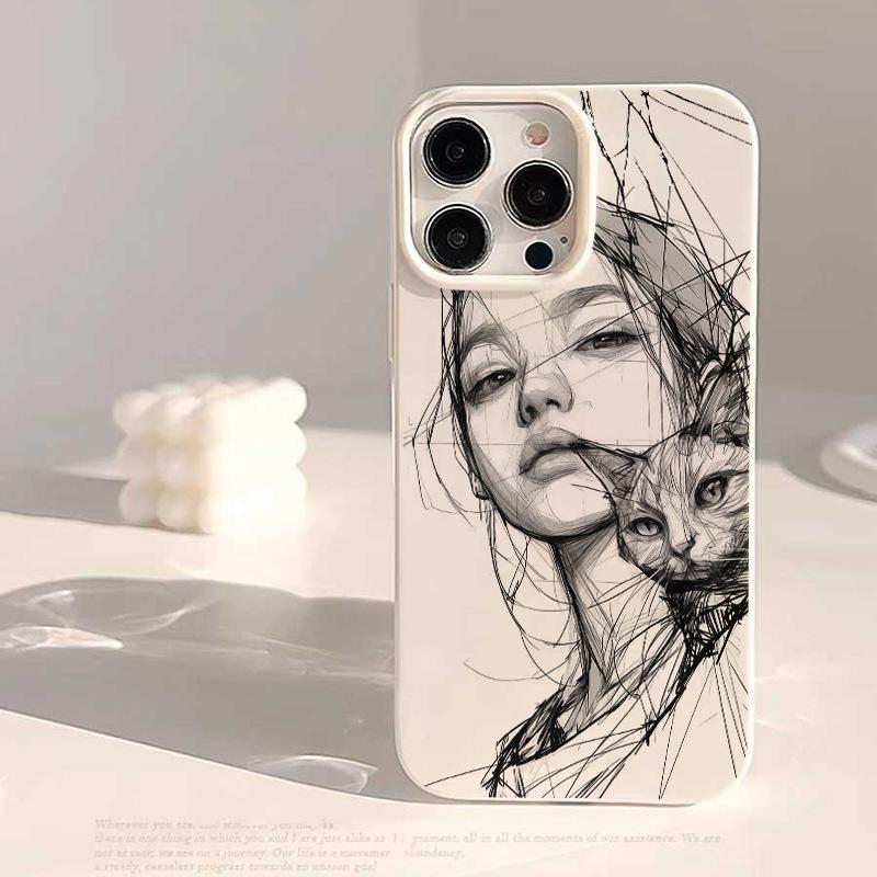 

Sketch Girl and Cat for IPhone16 Jelly 15 Phone Case 14Pro for Apple 13/12 Silicone 11 New Style For Apple 7/For Apple 8