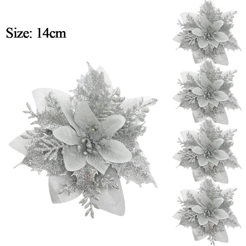 10/1pcs 15cm Glitter Christmas Flowers Artificial Poinsettia Flower Head Xmas Tree Ornament Home Decoration Navidad New Year