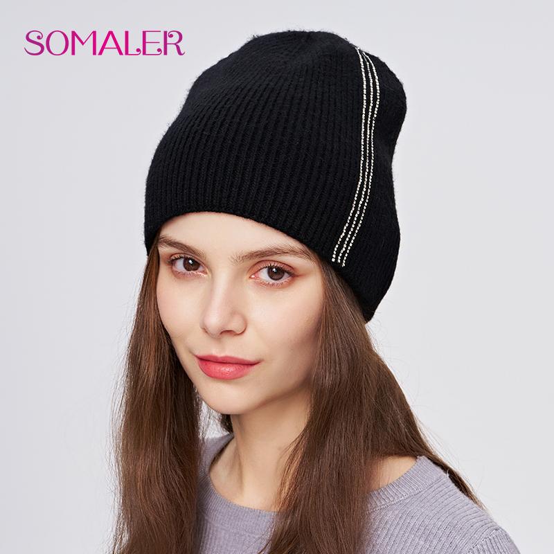 SOMALER Damen Winter Wollmütze Hochwertige Wolle Strickmütze mit Strass Dick Warm Doppellagig Outdoor Skull Caps